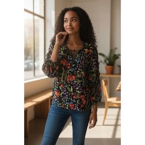 Maeve Anthropologie Black Floral Print Tie Neck Peasant Blouse Size Small